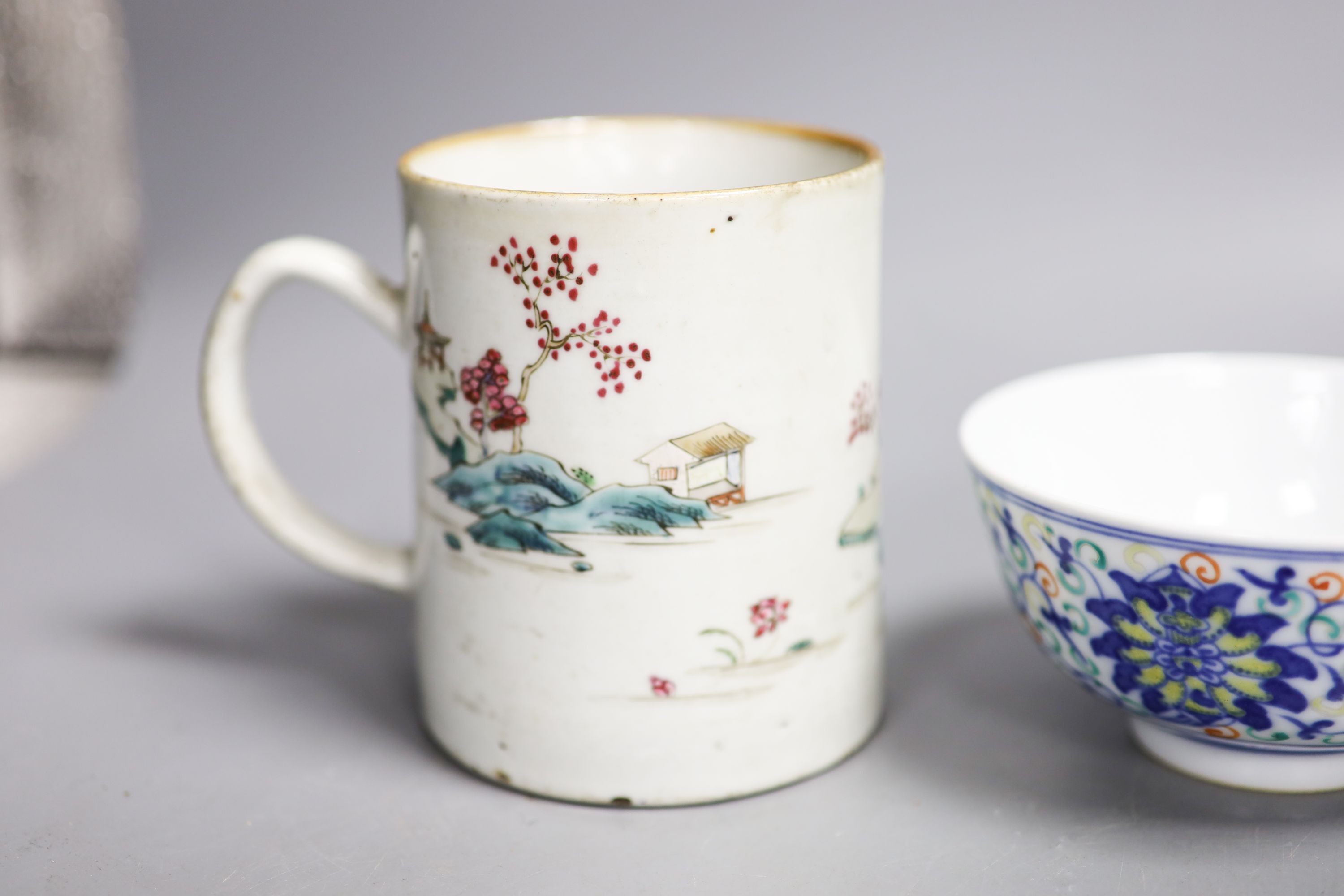 A Chinese famille rose mug, a Chinese Imari tea caddy and a doucai bowl, 18th century and later